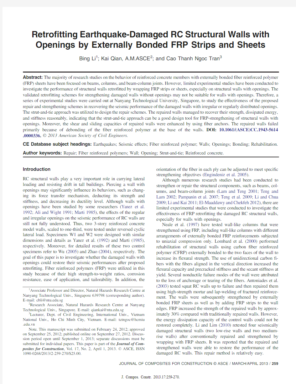 Retrofitting Earthquake-Damaged RC Structural Walls with Openings by Externally Bonded FRP