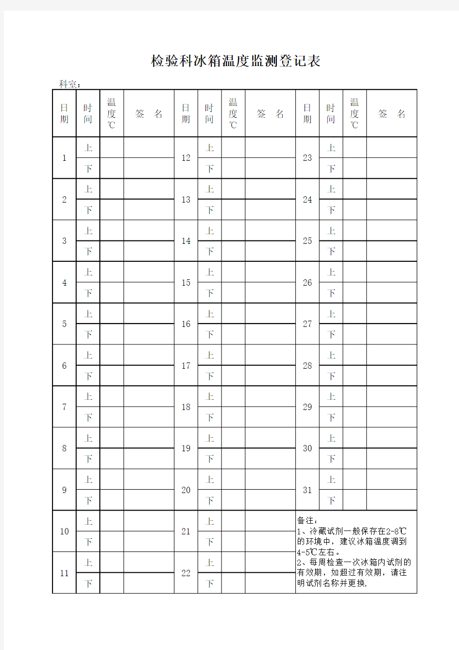 冰箱温度监测登记表