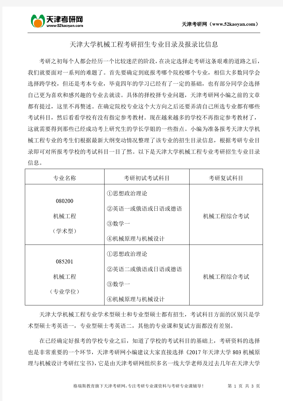 天津大学机械工程考研招生专业目录及报录比信息