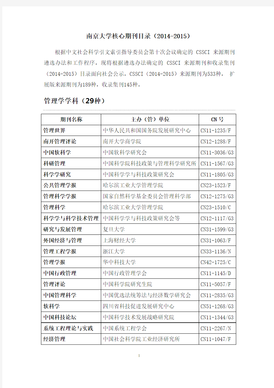 南京大学中文核心期刊目录(2014-2015)