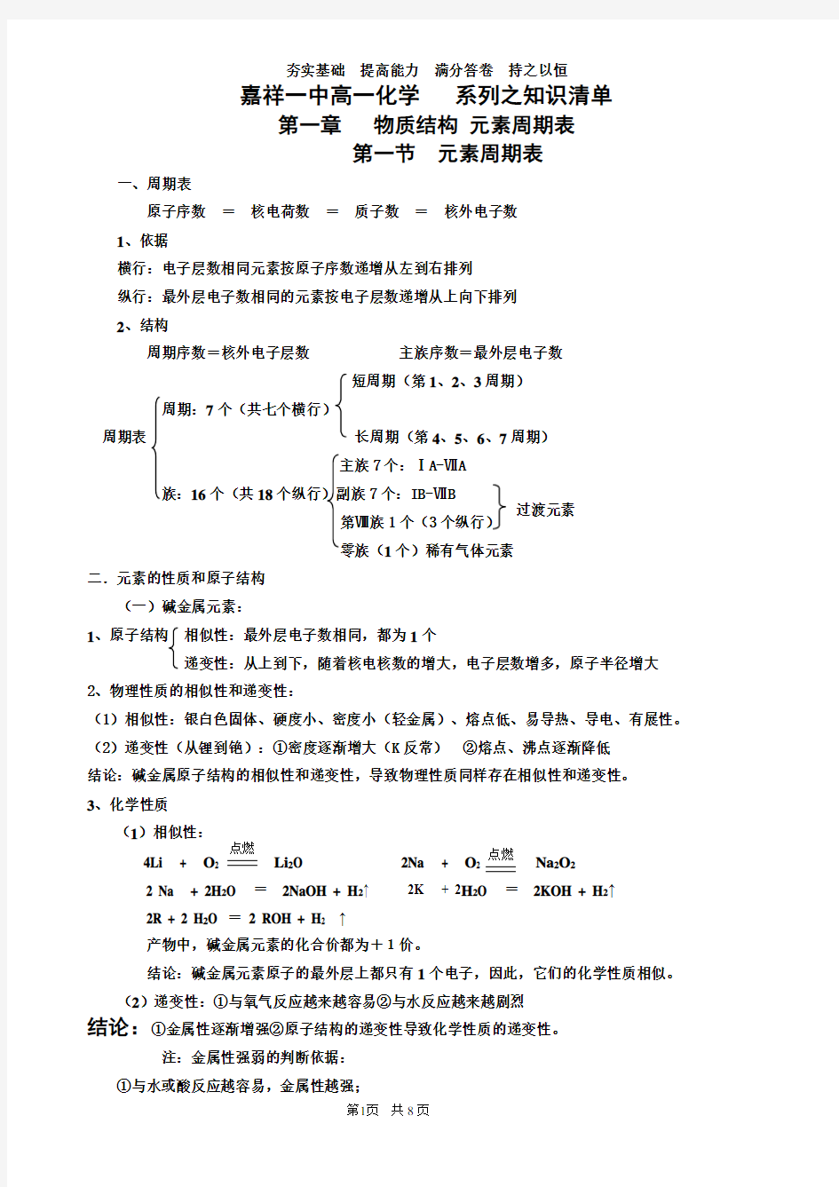 人教版化学必修二第一章知识点总结