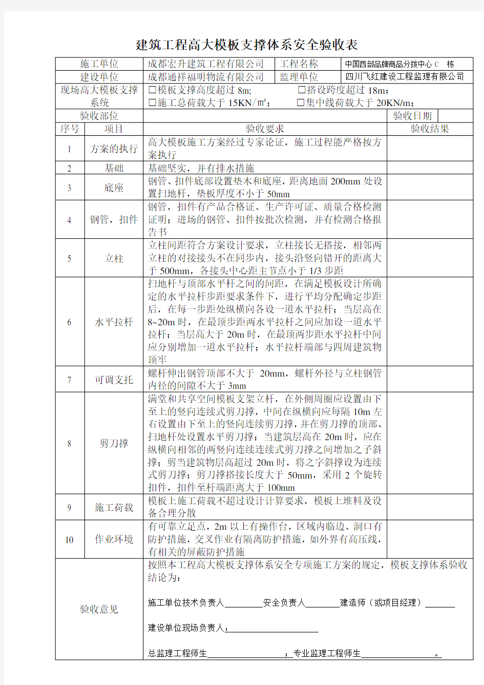 建筑工程高大模板支撑体系安全验收表