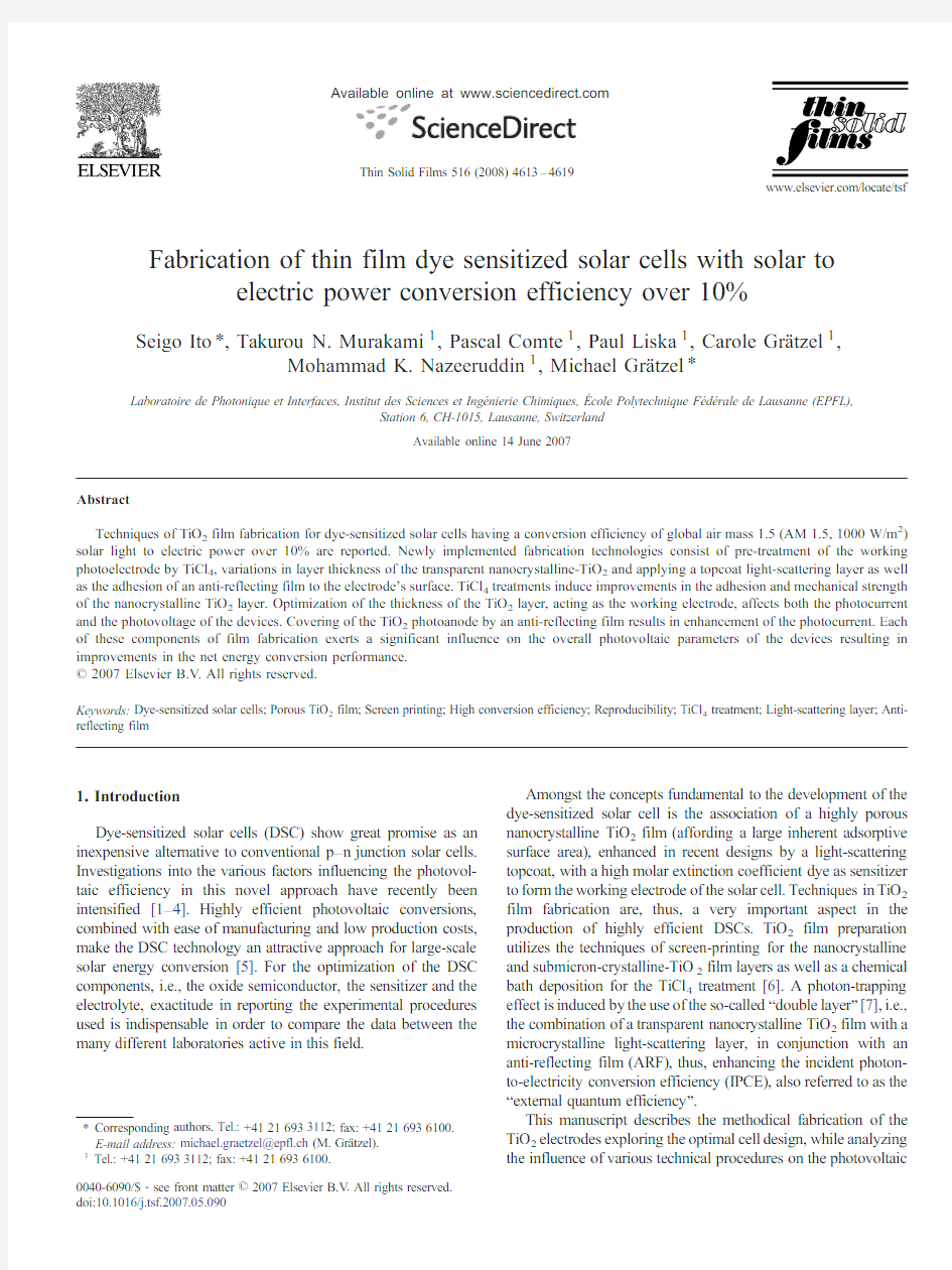 2008 Fabrication of thin film dye sensitized solar cells with solar to