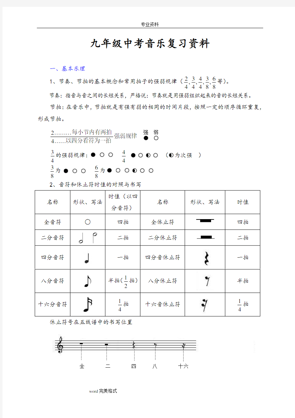 九年级中考音乐复习资料全