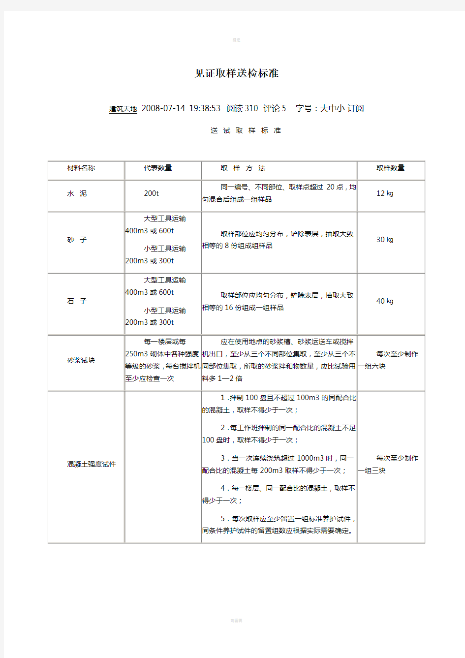 见证取样送检标准