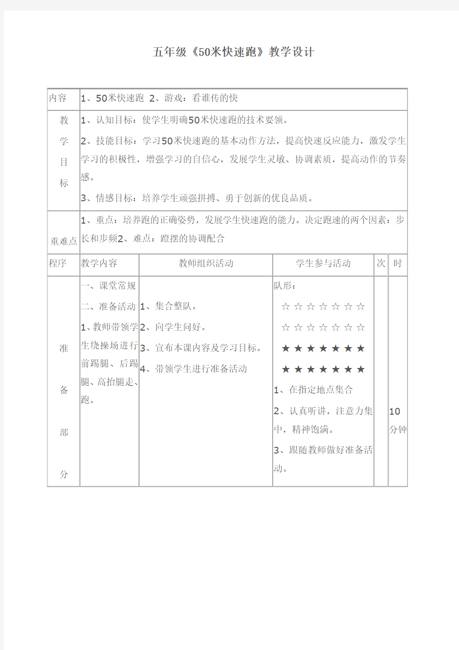 (完整版)五年级50米快速跑教案