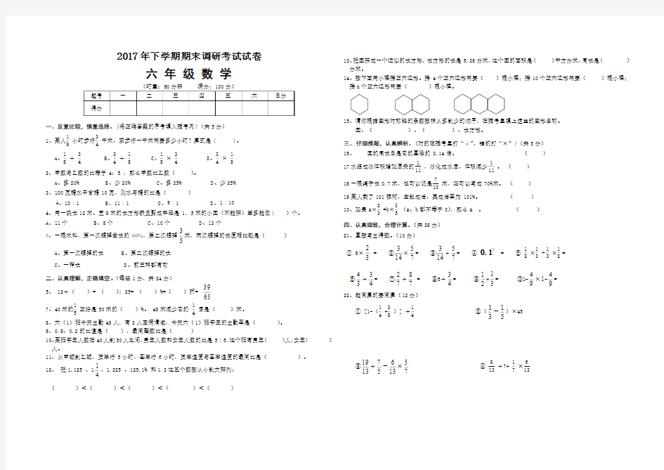 2017年下学期期末6年级调研考试试卷