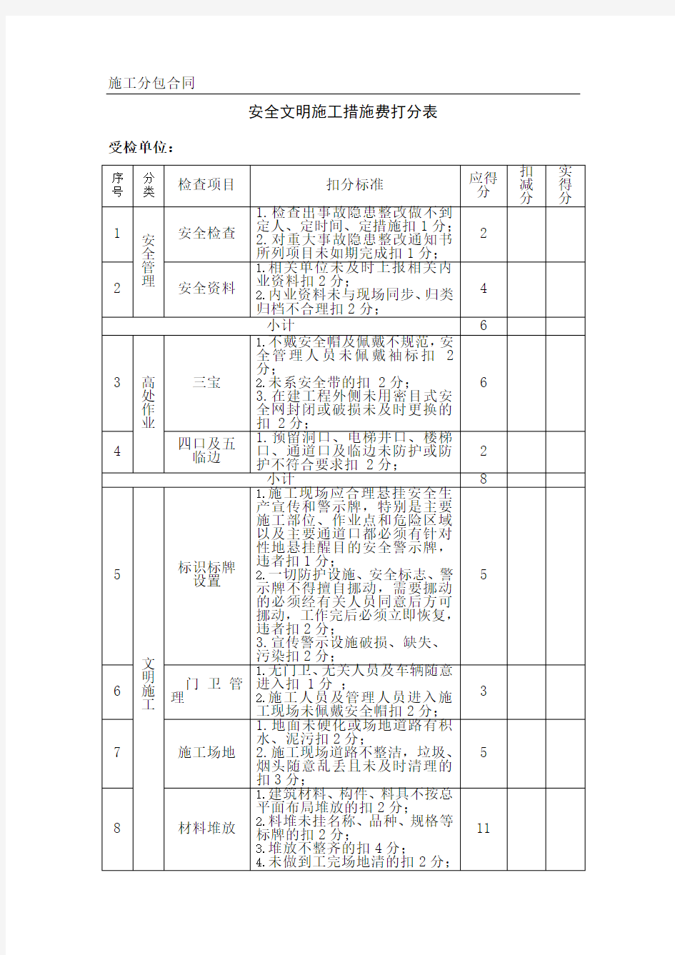 安全文明施工评分表样表