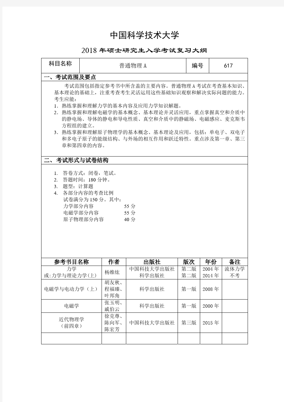 2019年中国科学技术大学617 普通物理A考研初试大纲