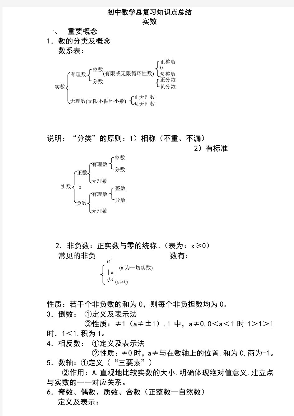 人教版新课标初中数学总复习知识点总结