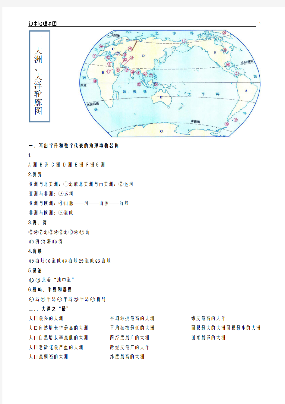 初中地理填图练习(打印版有答案)