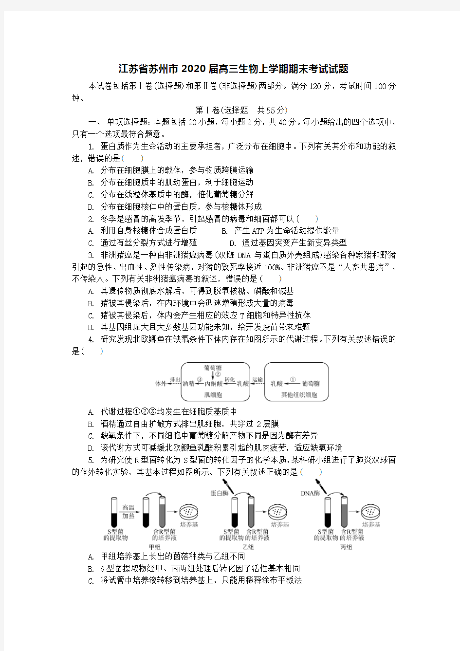 江苏省苏州市2020届高三生物上学期期末考试试题[含答案]