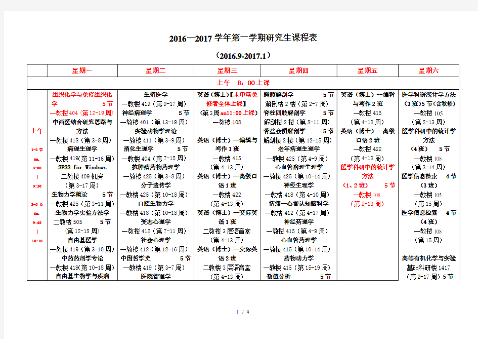 课程安排——2016—2017学年第一学期研究生课程表