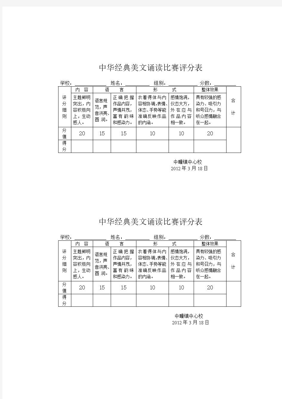 中华经典美文诵读比赛评分表