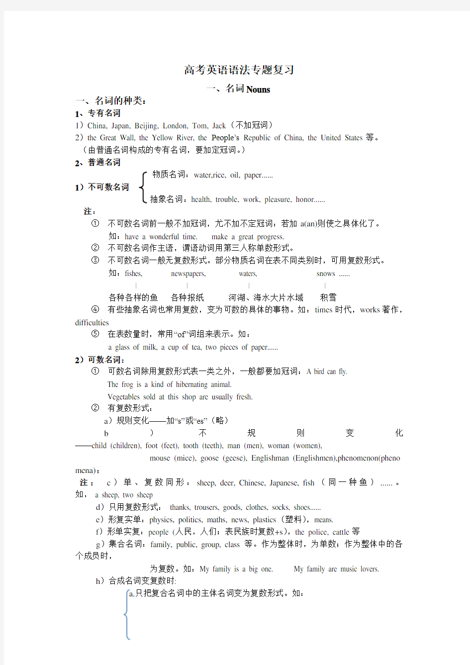 (完整word版)高考英语语法专题复习--名词