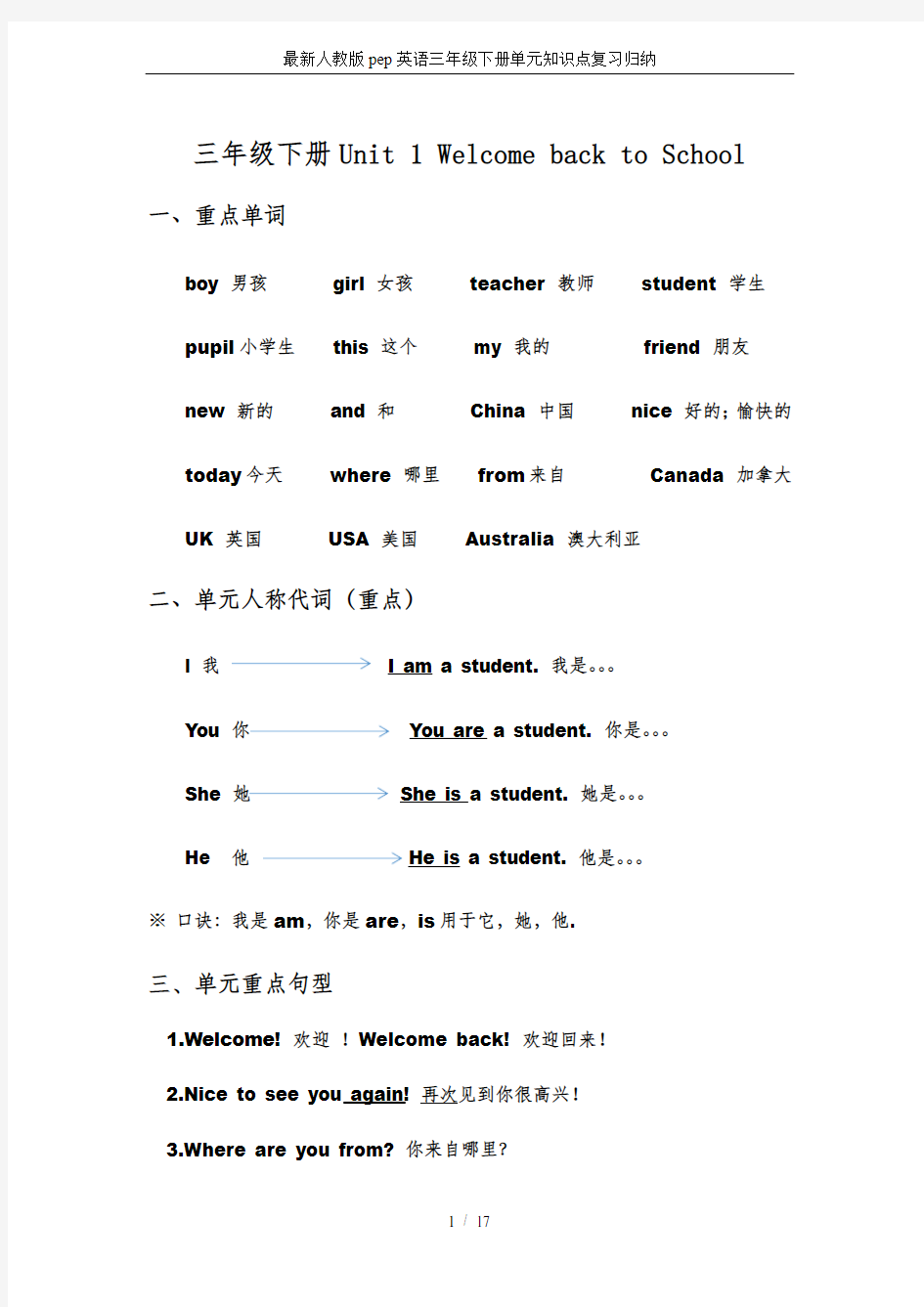 最新人教版pep英语三年级下册单元知识点复习归纳