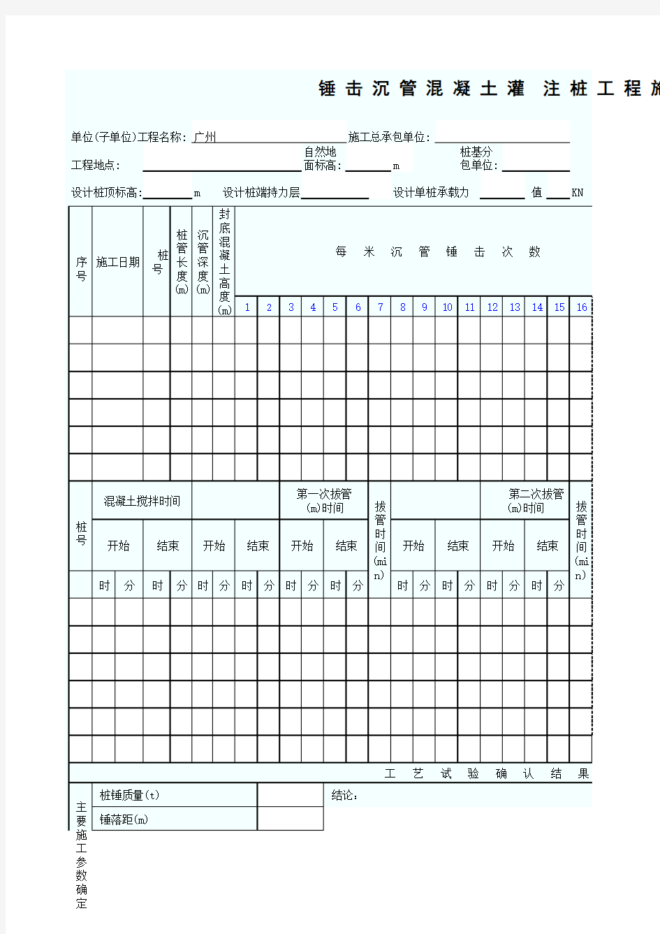 锤击沉管混凝土灌注桩工程施工工艺试验记录表