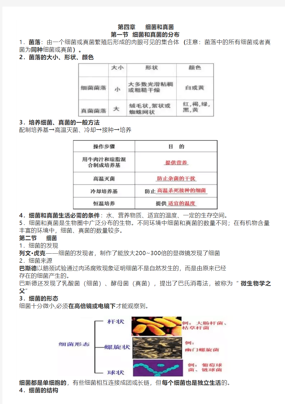 人教版生物八年级上册第四章《细菌和真菌》知识点