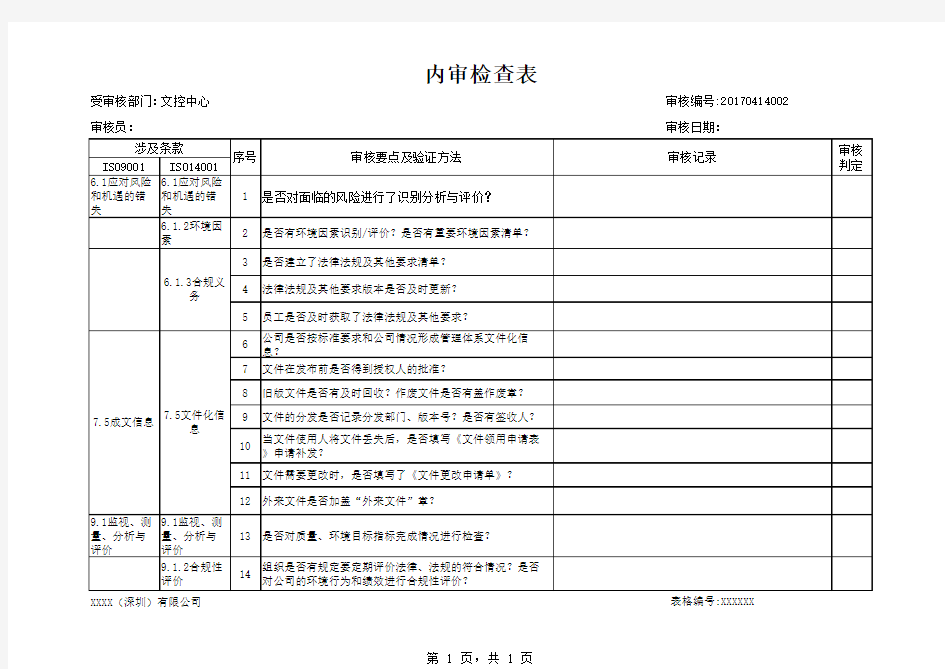 内审检查表-文控中心