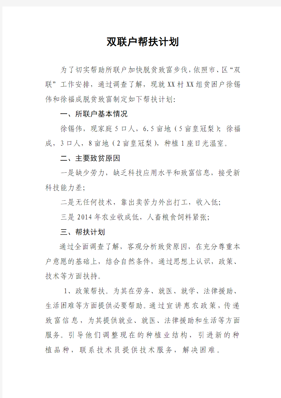 双联户个人帮扶计划