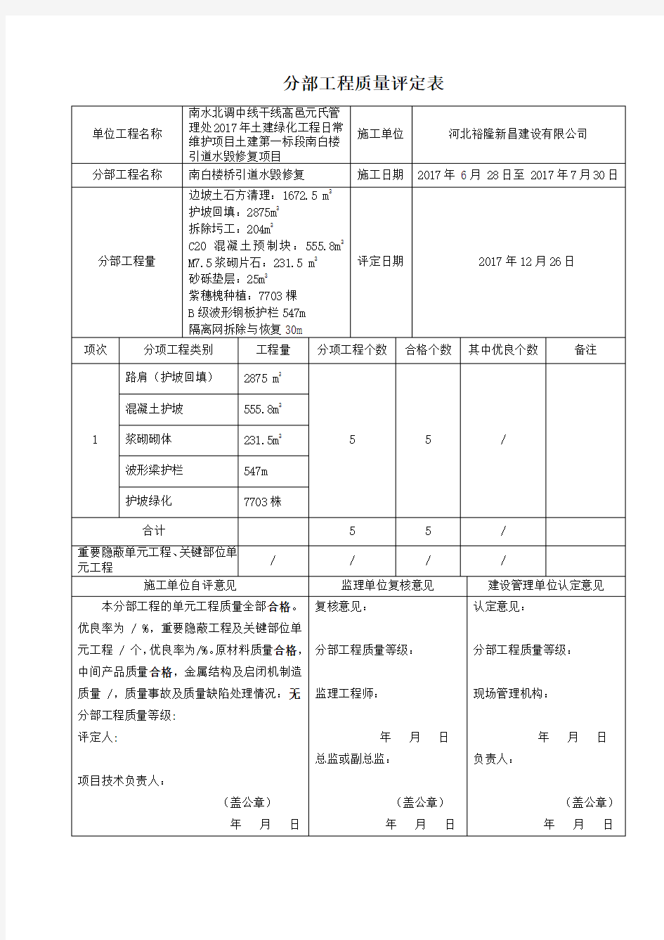 分部工程质量评定表