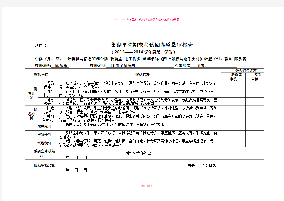 期末考试试卷阅卷质量审核表