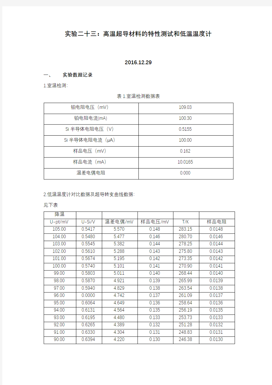 高温超导材料的特性测试和低温温度计实验报告