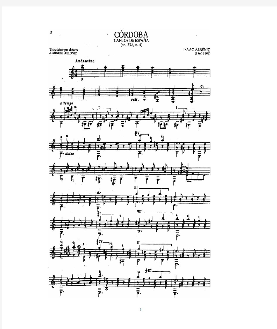 科尔多巴 Cordoba,op.232-04 ;阿尔贝尼斯 Isaac Albeniz(Abloniz古典吉他谱)