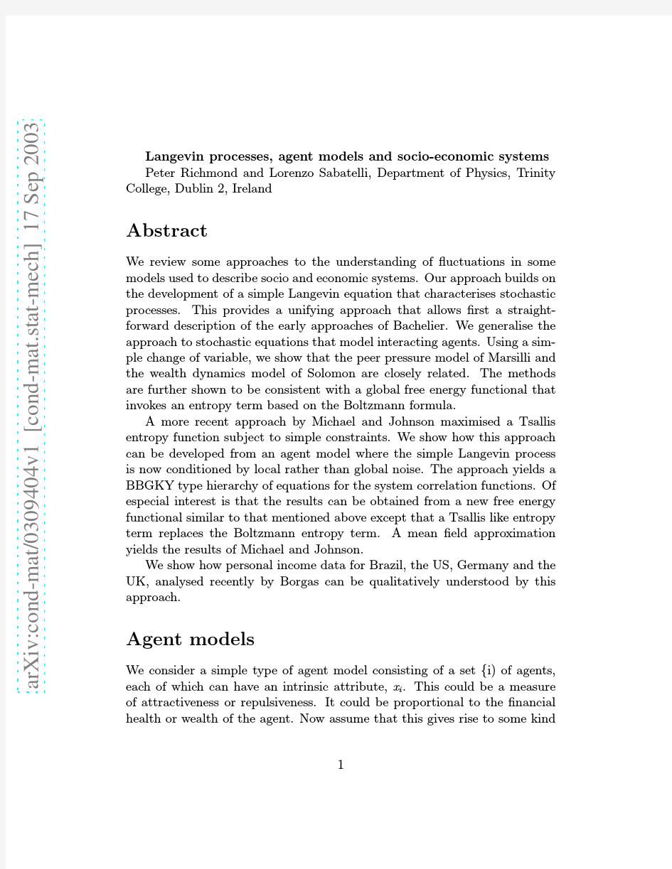Langevin processes, agent models and socio-economic systems