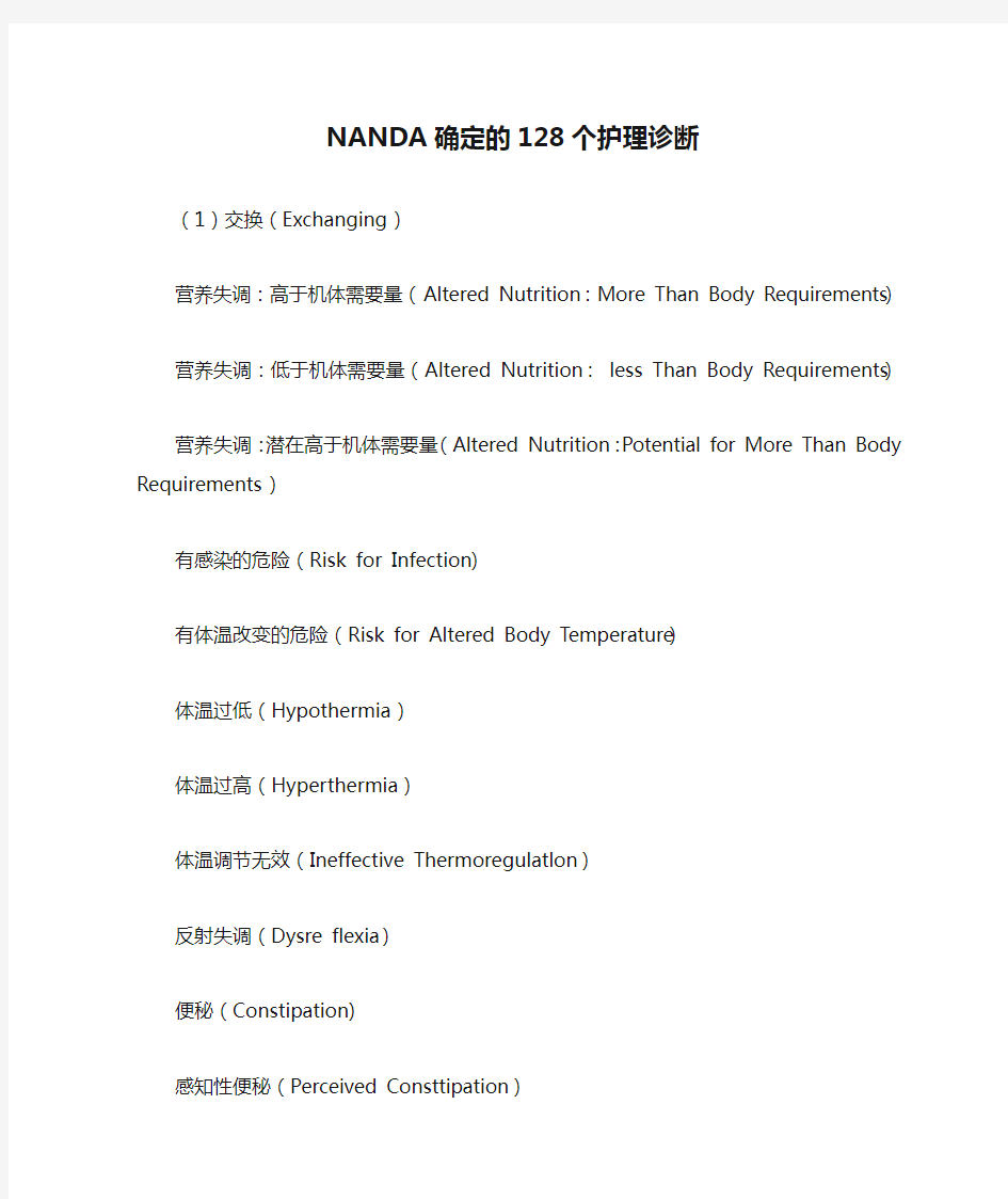NANDA确定的128个护理诊断