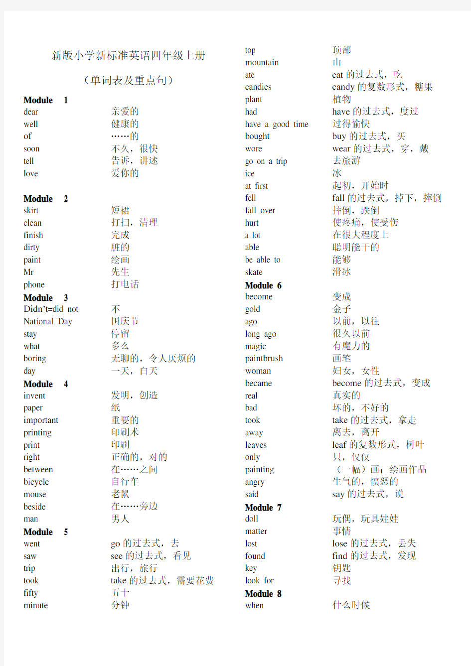 新版小学新标准英语四年级上册所有单词表及每模版重点句(绝对原创)