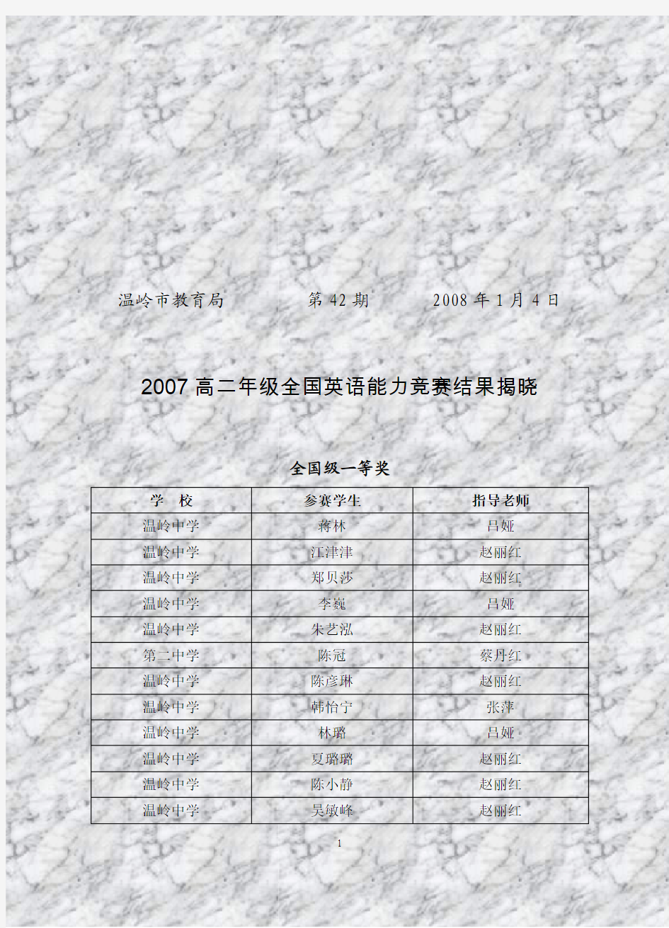 2007高二年级全国英语能力竞赛结果揭晓