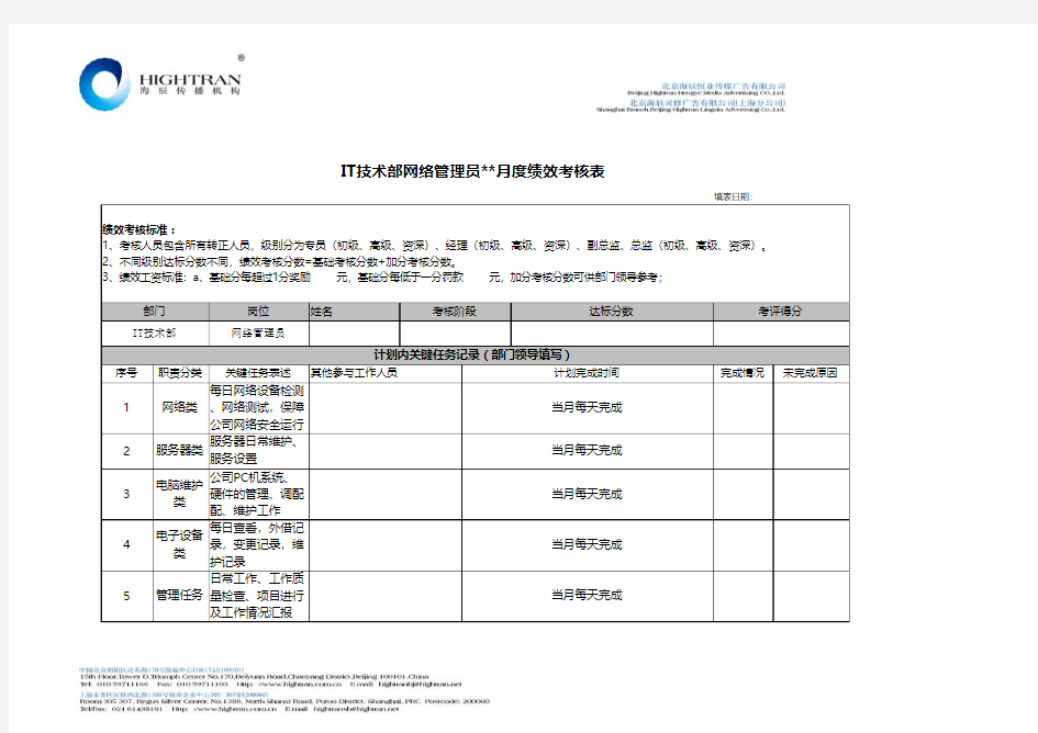 网络管理员绩效考核