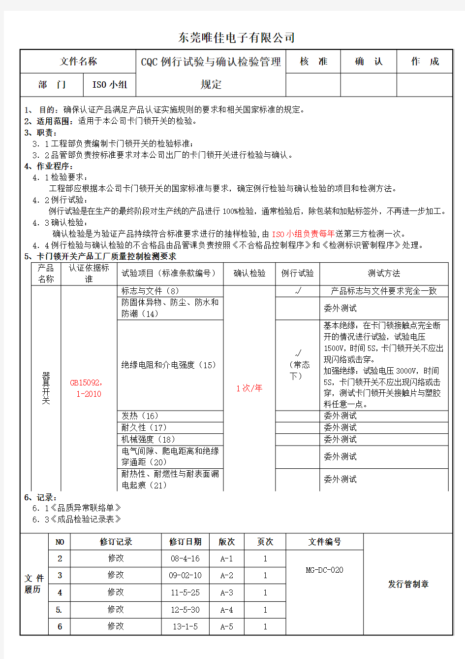 CQC例行试验与确认检验管理规定