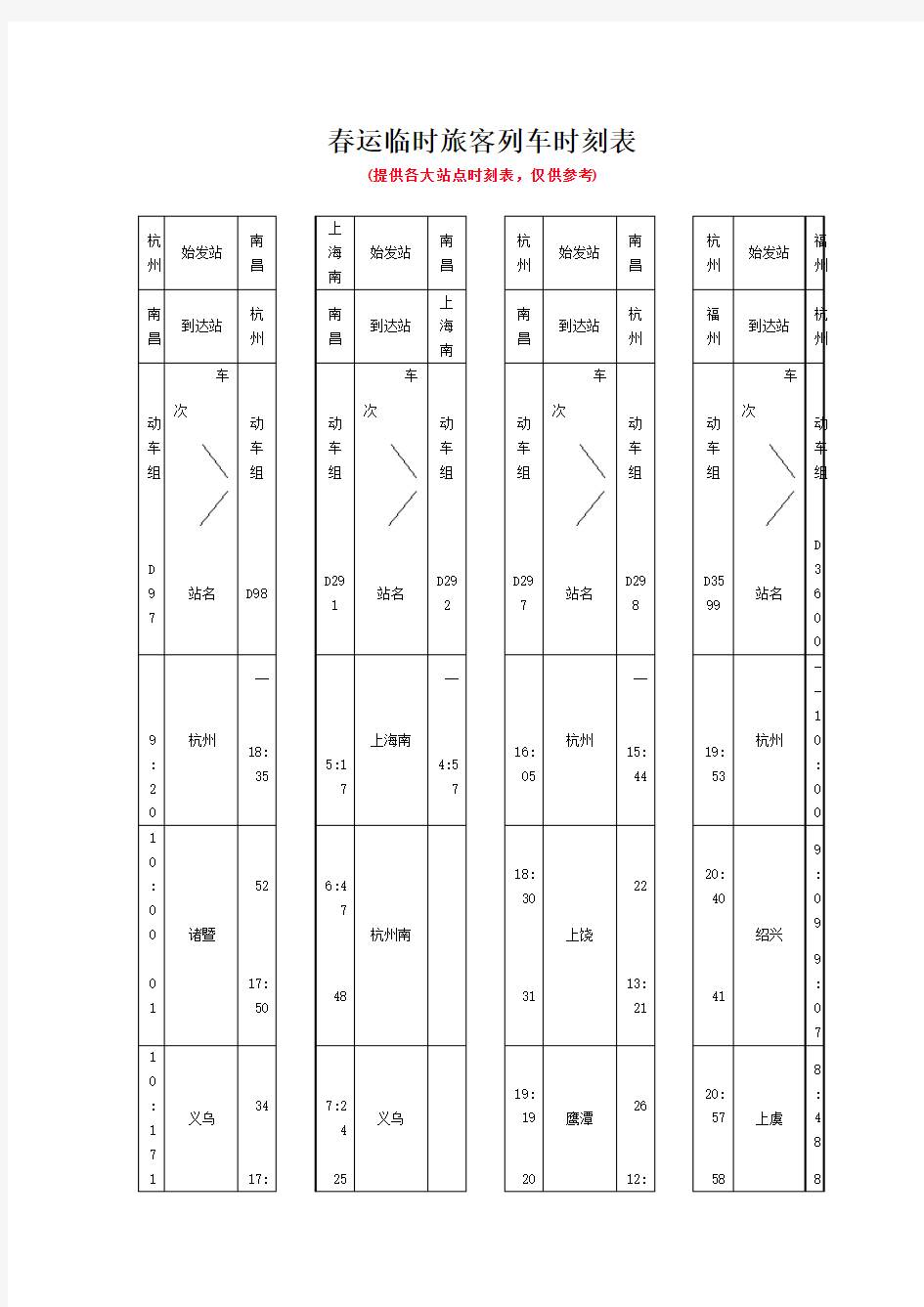 春运列车时刻表