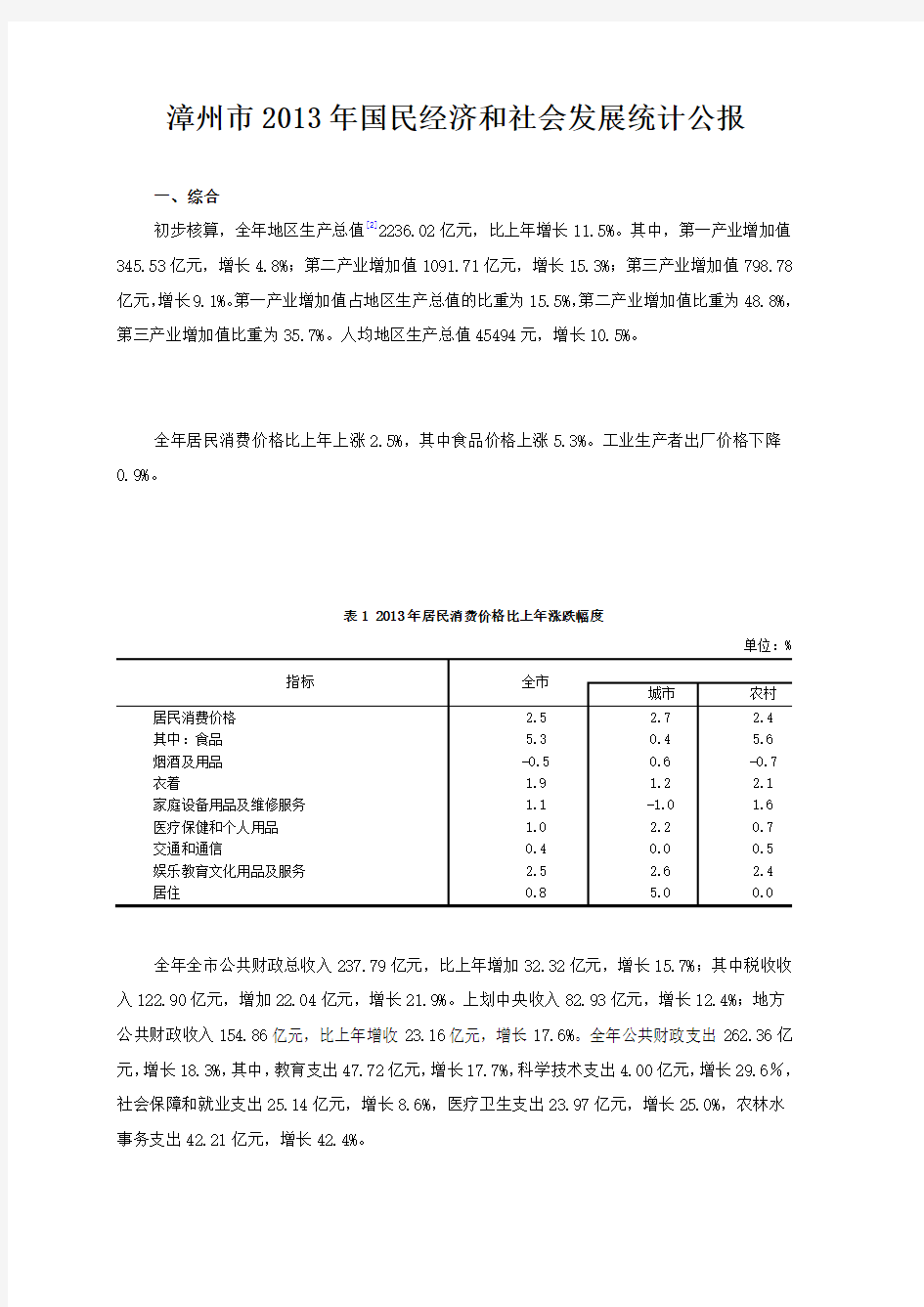 漳州市2013年国民经济和社会发展统计公报