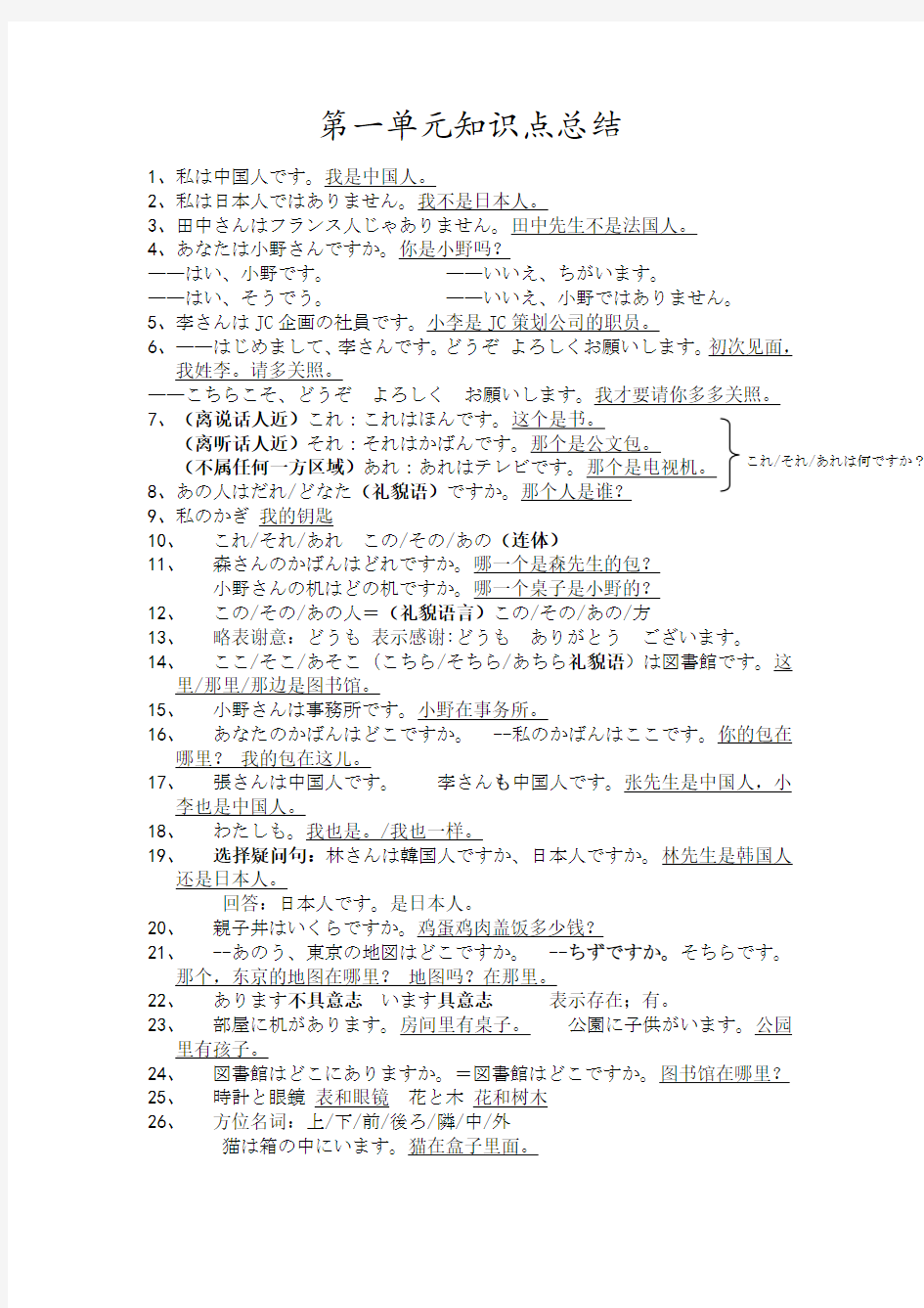 新版标准日本语初级第一单元知识点总结