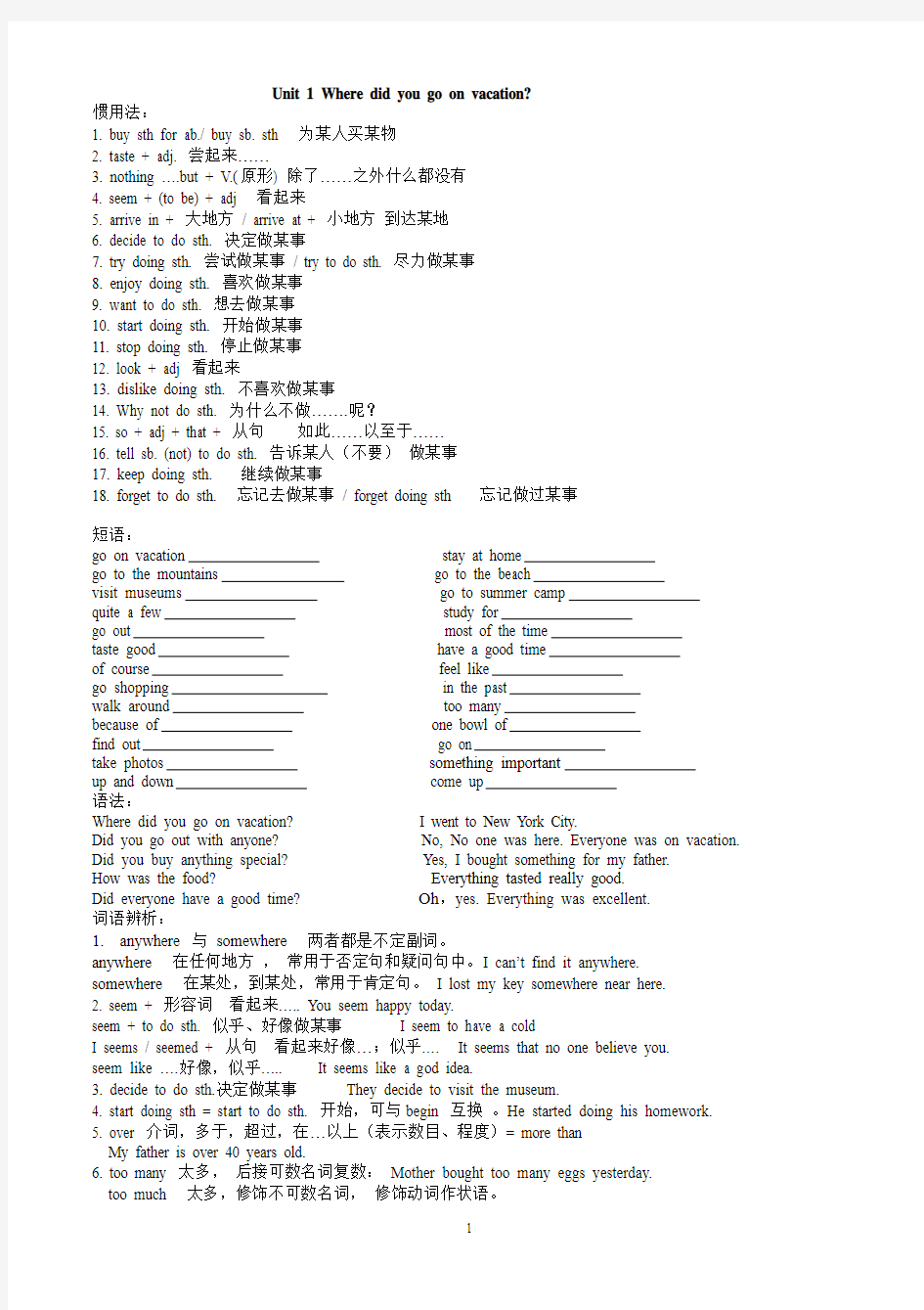 八年级上册英语1-10单元短语语法句型及作文整理