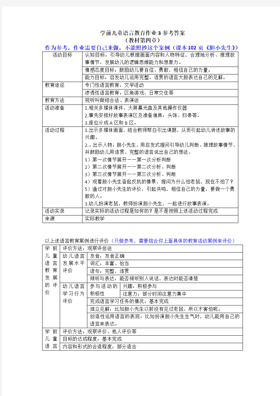 学前儿童语言教育作业四参考答案