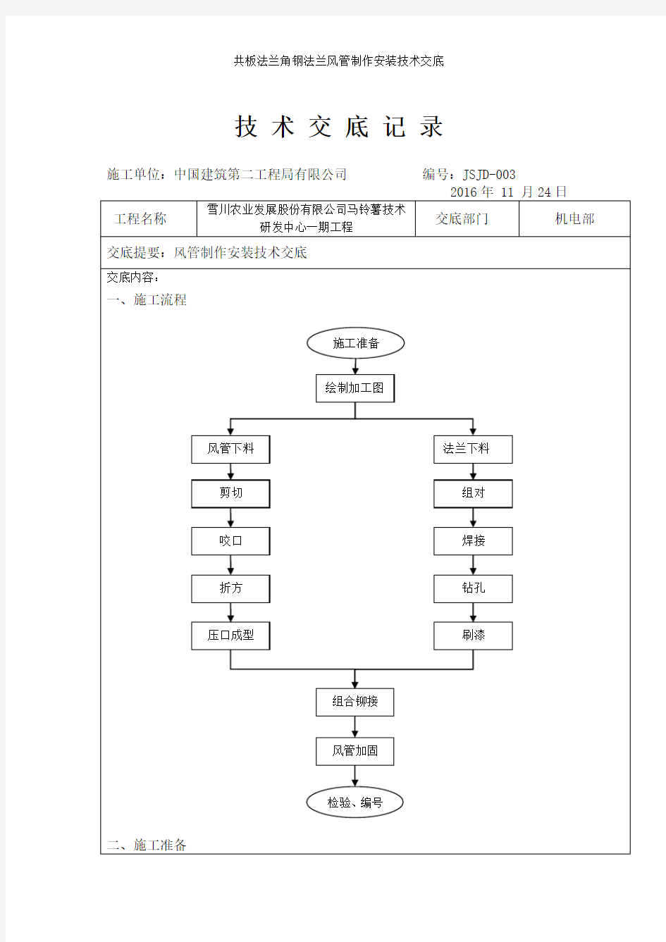 共板法兰角钢法兰风管制作安装技术交底