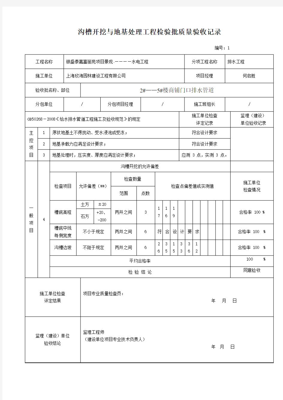 市政给排水管道工程检验批质量验收记录表