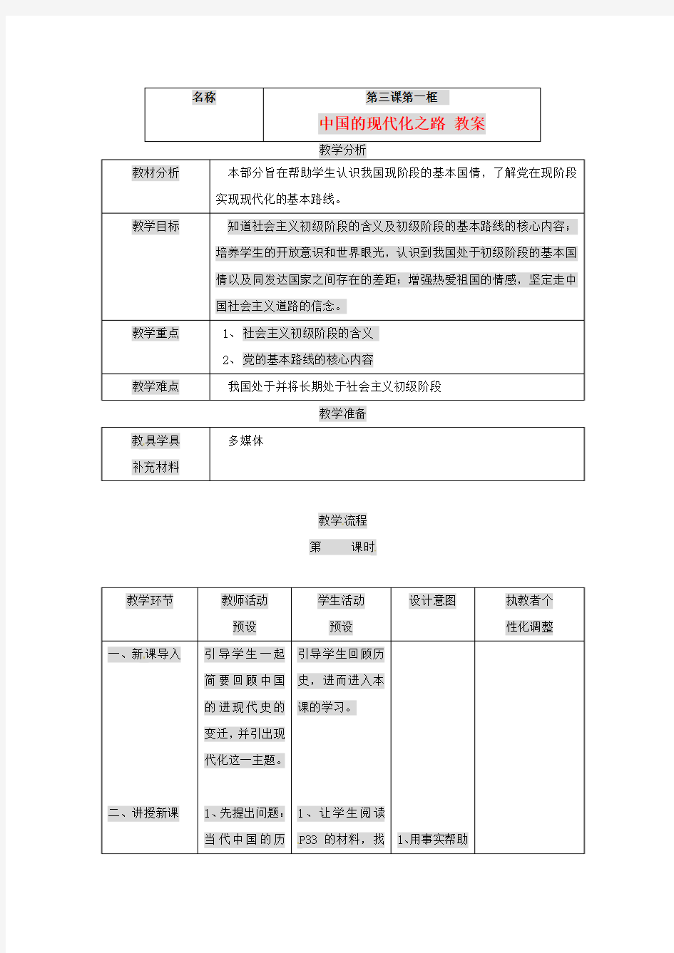 九年级政治 第三课《中国的道路》教案 人民版