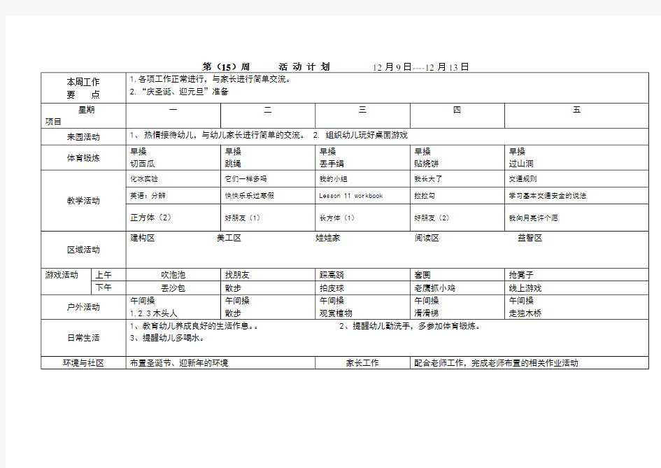 幼儿园周计划表格范本