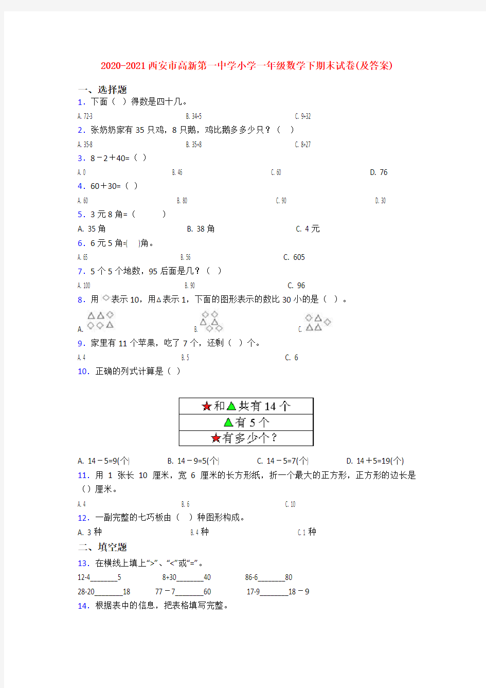 2020-2021西安市高新第一中学小学一年级数学下期末试卷(及答案)