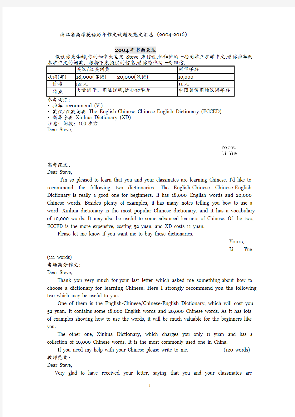 浙江省历年英语高考作文试题及范文2004-2016