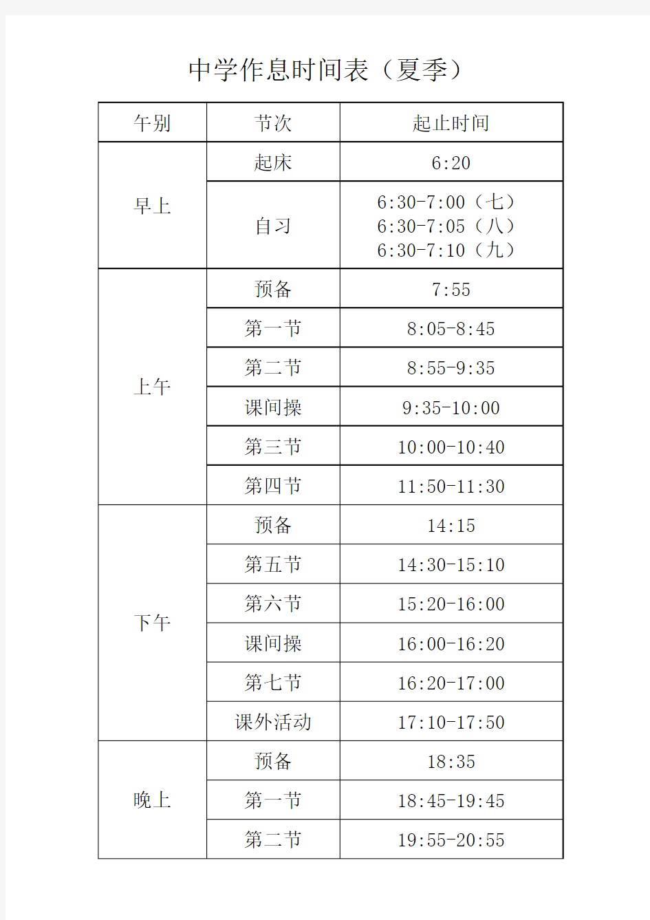 2016-2017学年度中学作息时间表