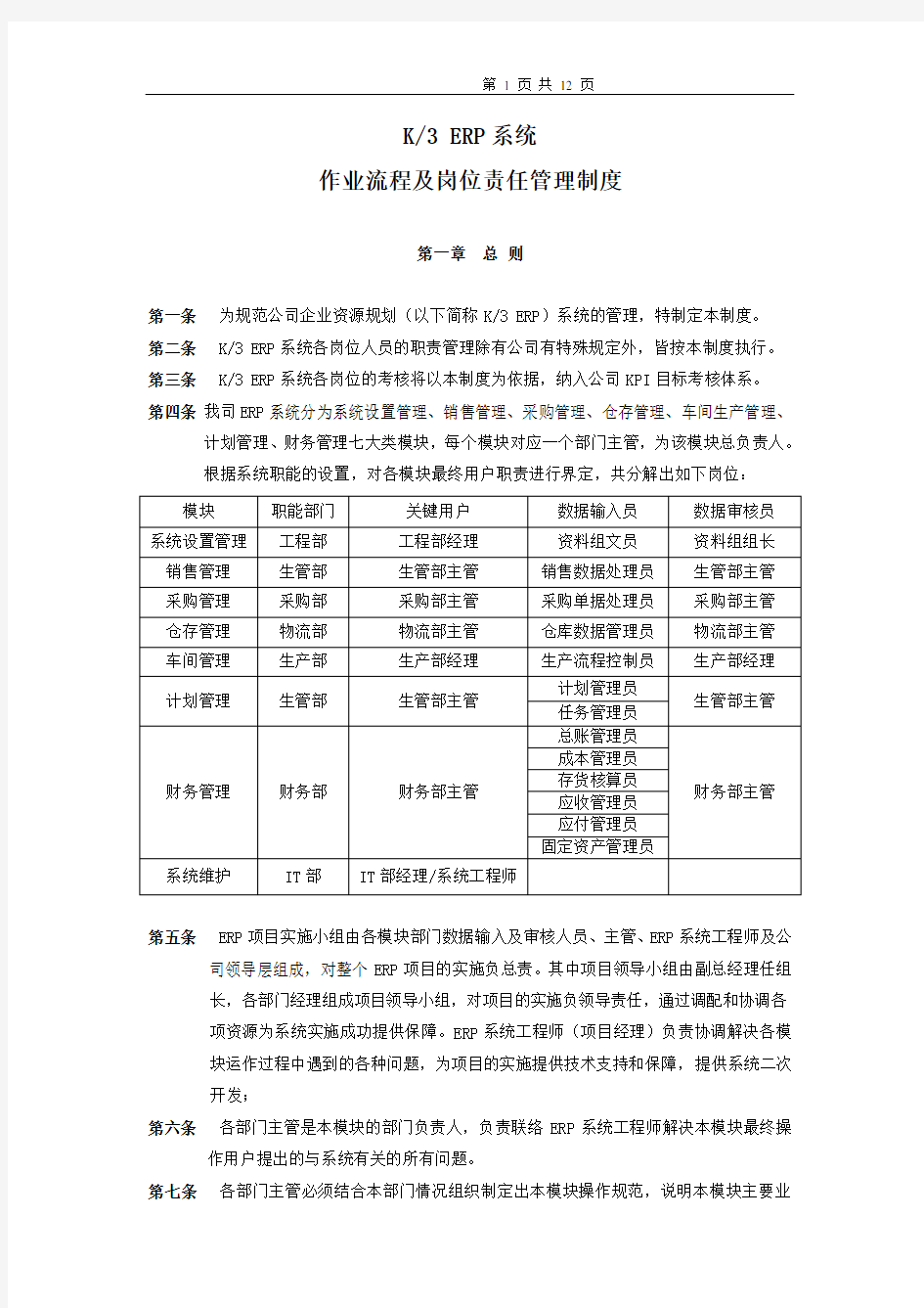 ERP系统操作流程及岗位责任管理制度