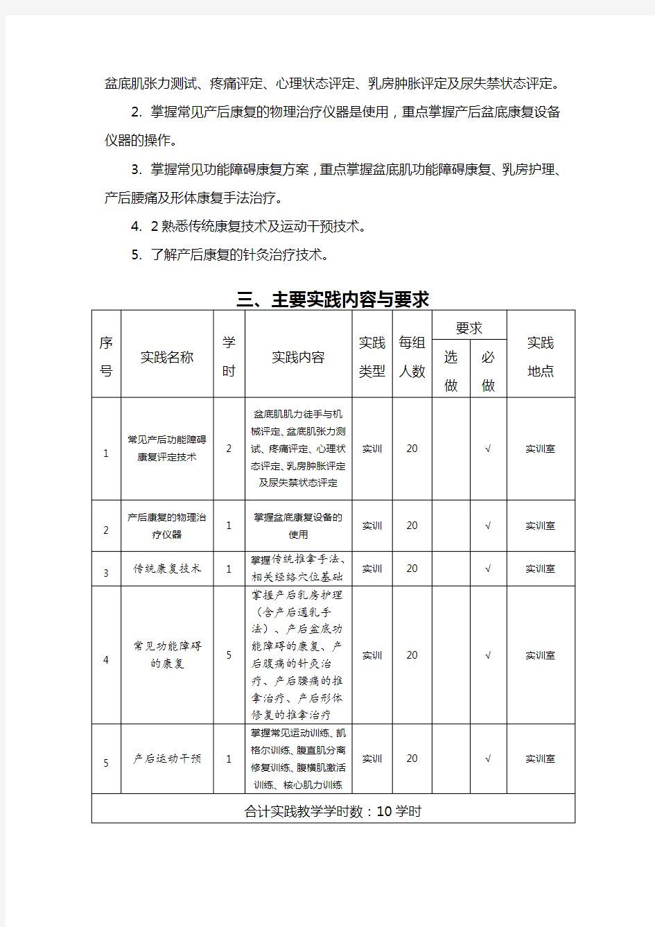 《产后康复》课程实践教学大纲