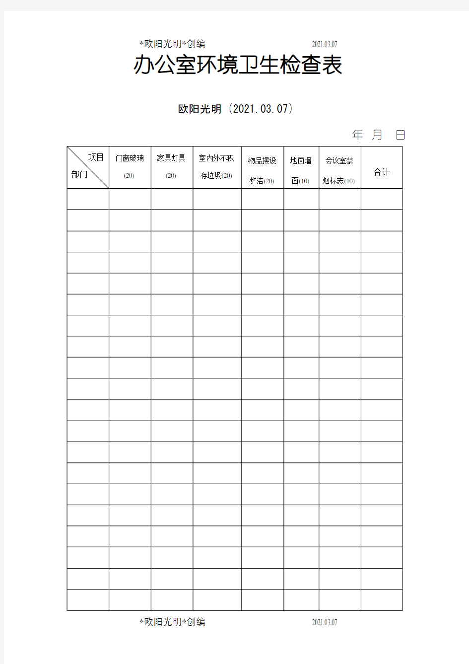 2021年清洁卫生检查表