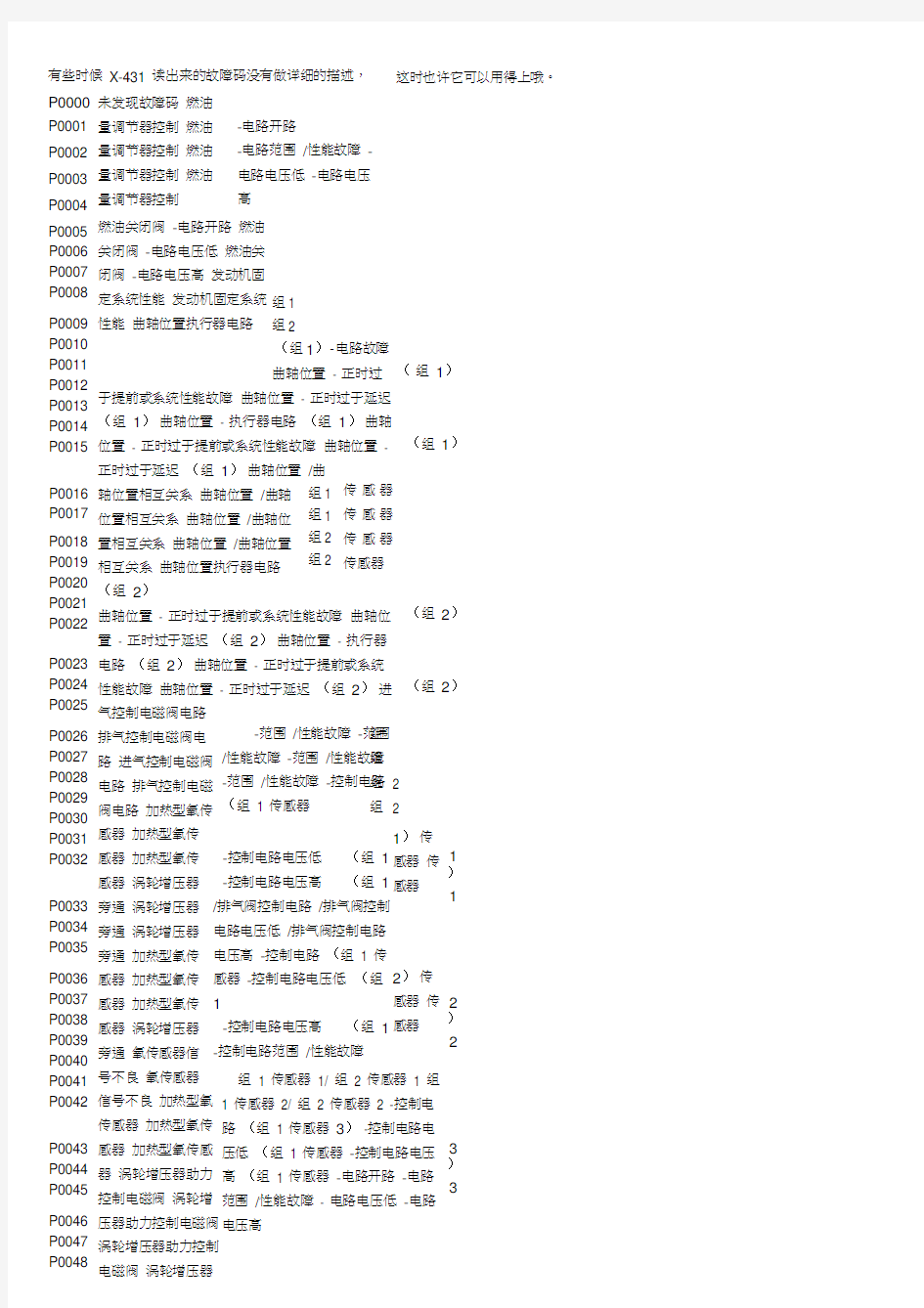 X431读取发动机故障码注释大全